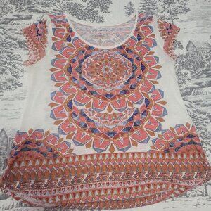 Lucky Brand Blue Coral Cream Cotton/Linen Cap Sleeve Top Size Small EUC